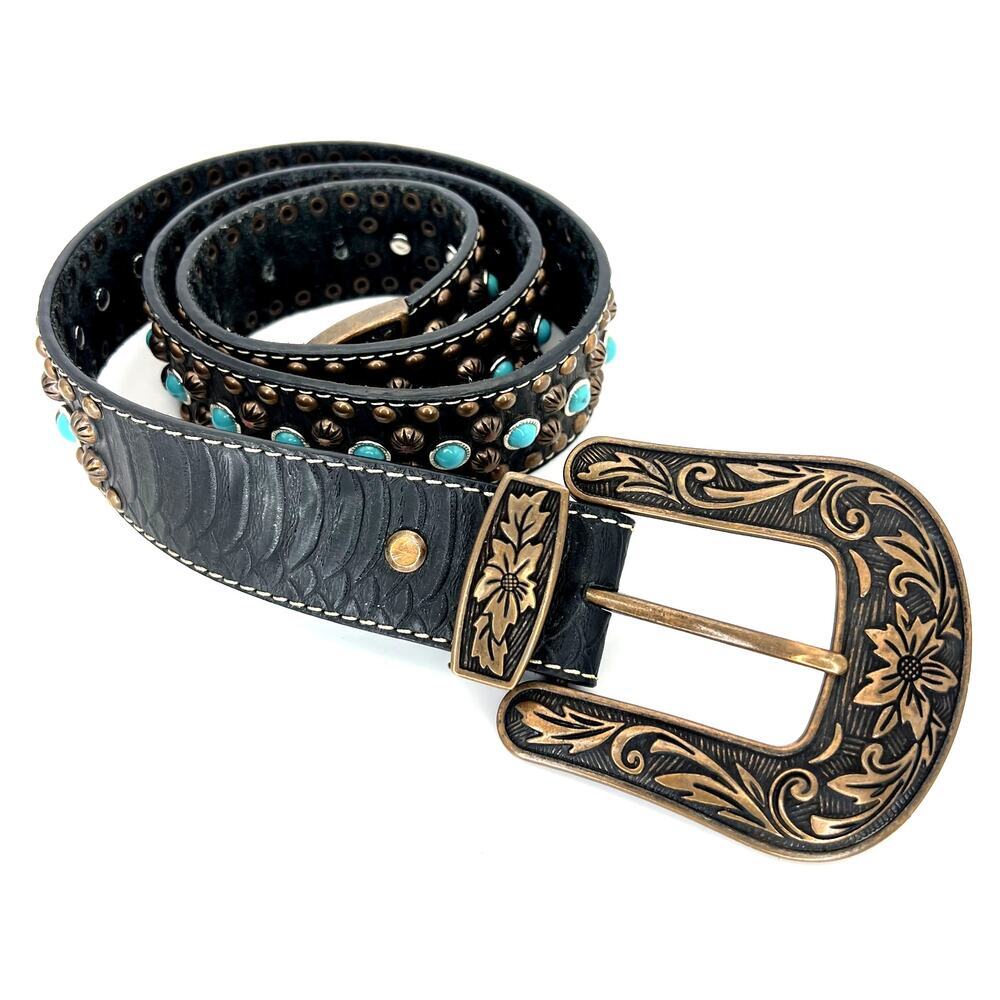 Western Studded Belt Large Buckle Turquoise Copper Studs Croc Embossed